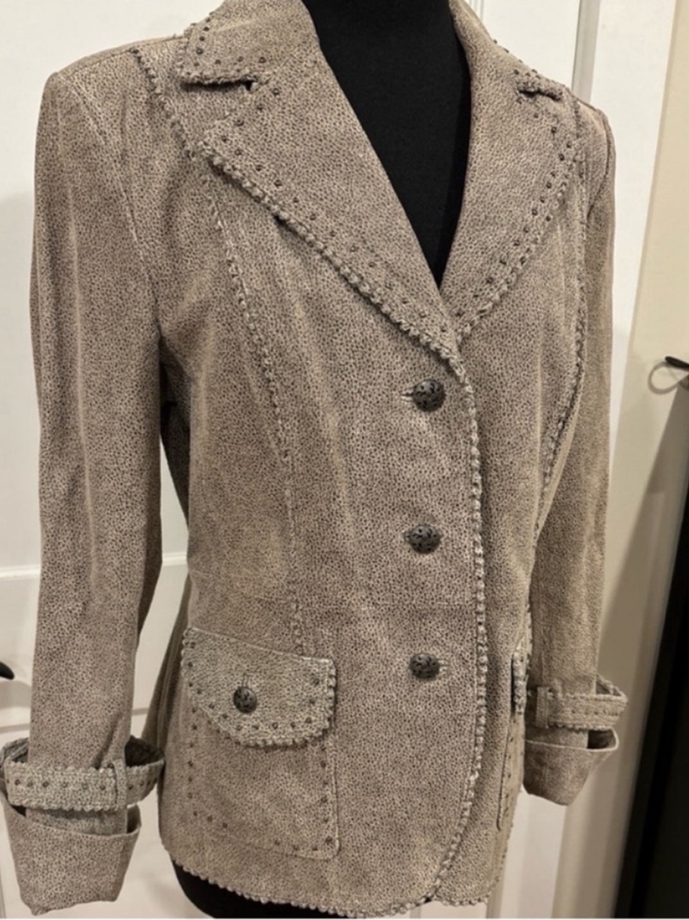 Bradley NEW Leather Jacket Button Front Taupe Grey Western Ranch Studs Womens S